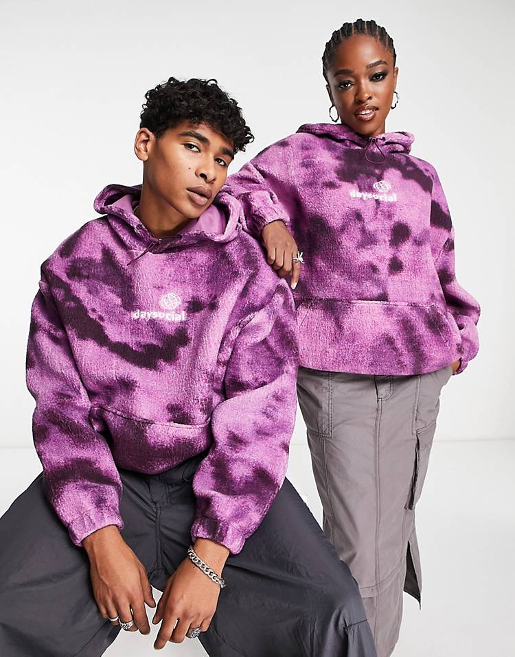 ASOS Daysocial unisex oversized hoodie in all over print tie dye teddy borg in purple